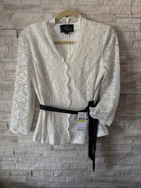 Alex Evenings Cream Lace Peplum Blouse with Black Ribbon